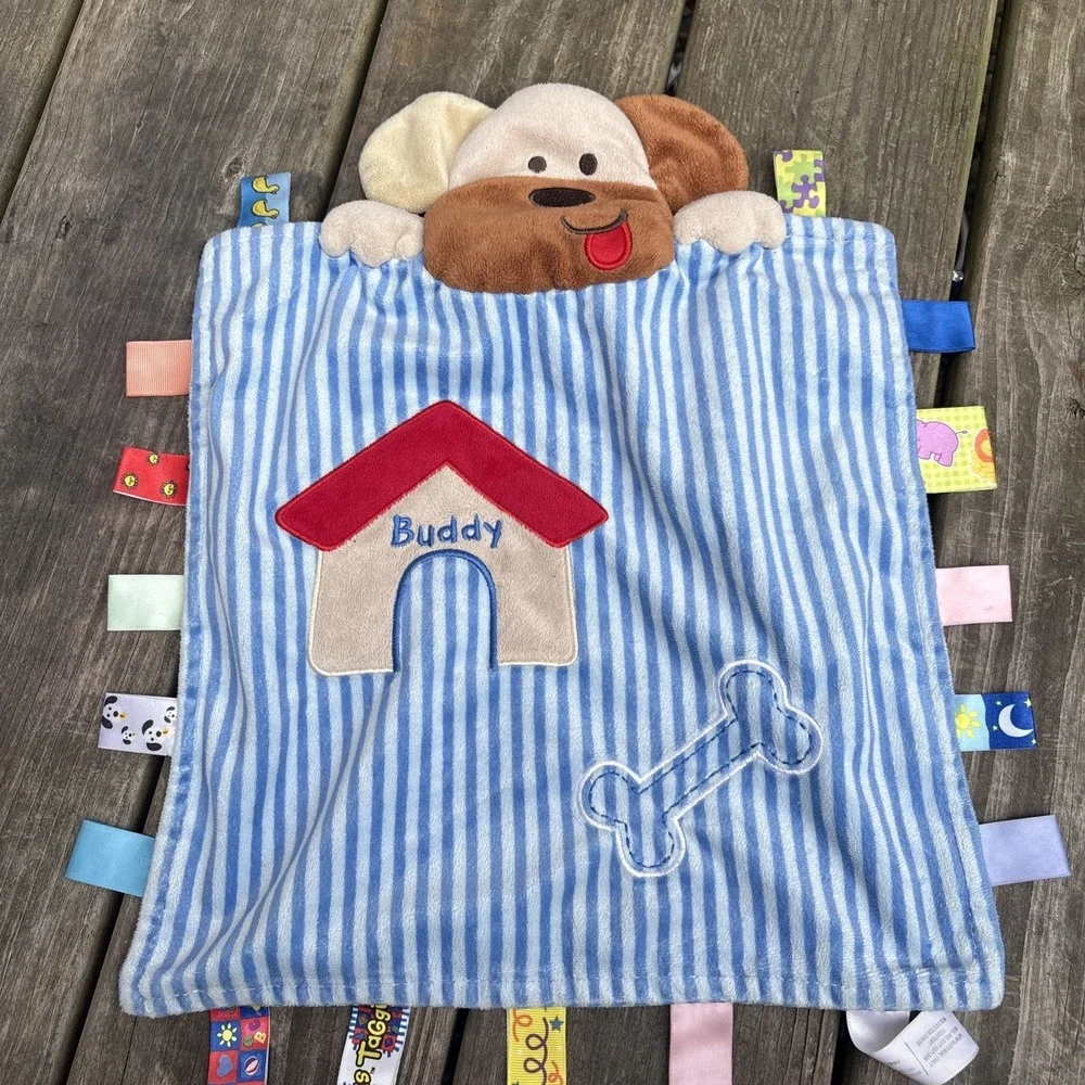 Taggies Peek A Boo Buddy Puppy Dog Baby Blanket Blue Stripe Bone Security Lovey